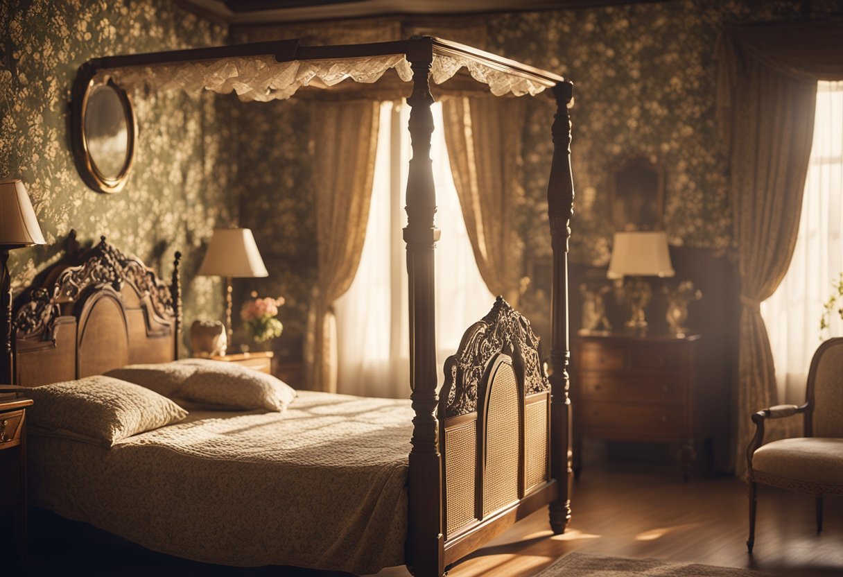 A cozy vintage bedroom with floral wallpaper, a four-poster bed, lace curtains, and antique furniture. Sunlight streams in through the window, casting a warm glow over the room