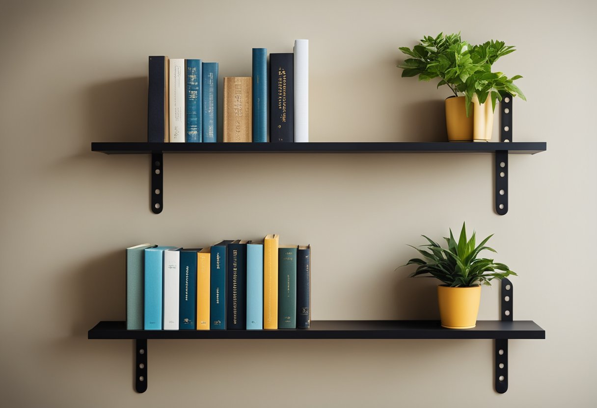 A wall rack holds books, plants, and decorative items. It is mounted on a bedroom wall, enhancing the room's decor and functionality