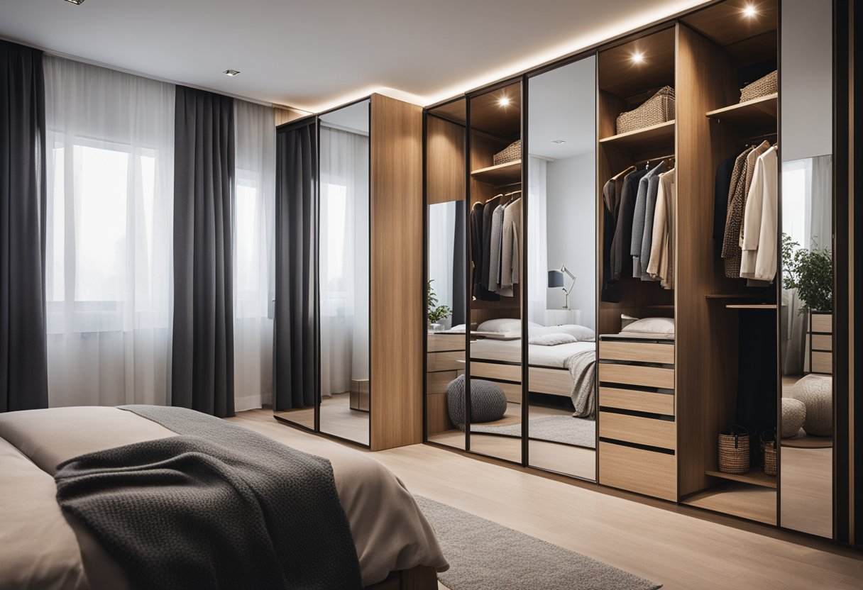 A small bedroom with a mirrored wardrobe, reflecting the room and creating a sense of spaciousness