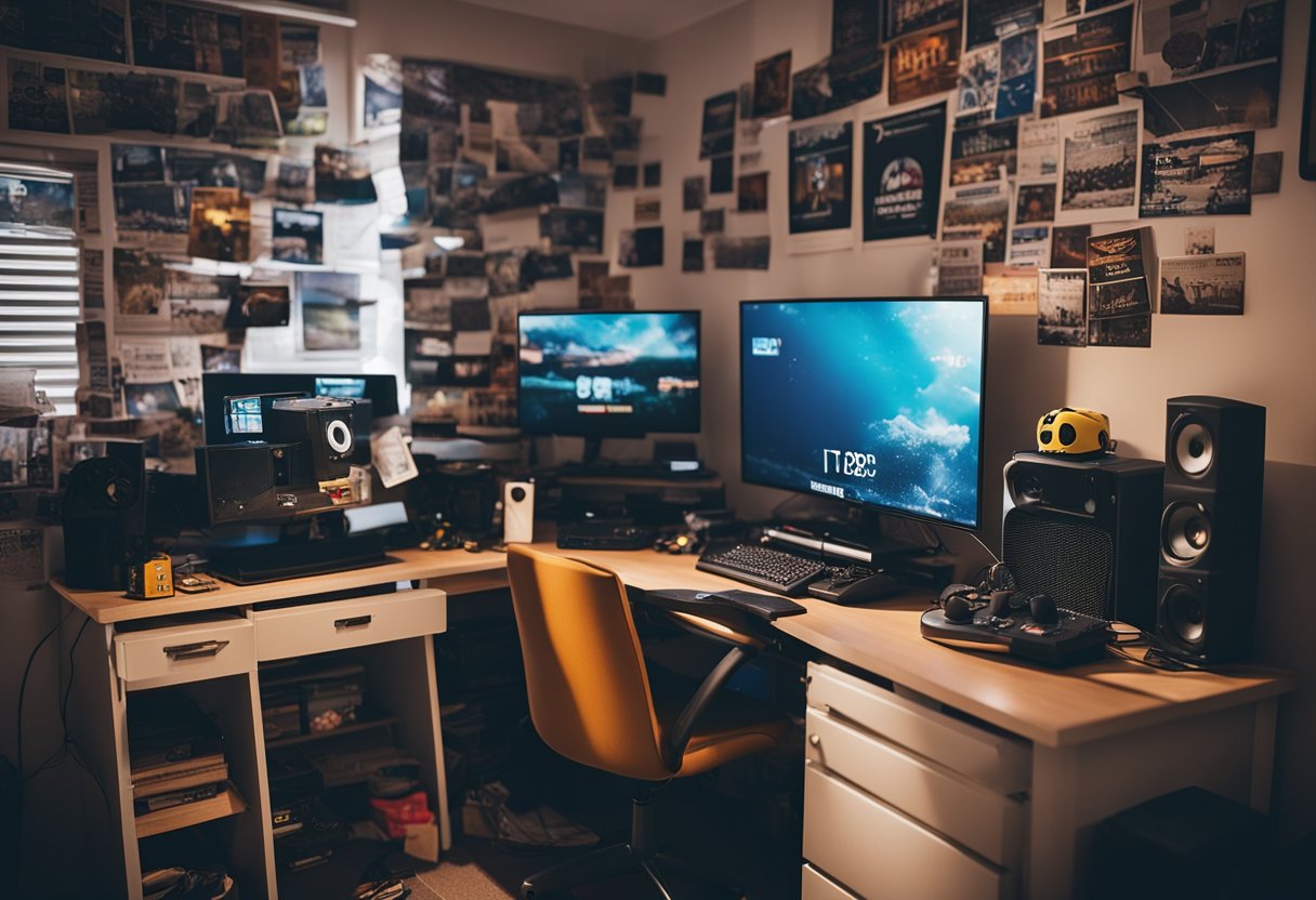 A messy teenager's bedroom with posters on the walls, a cluttered desk, and a gaming console