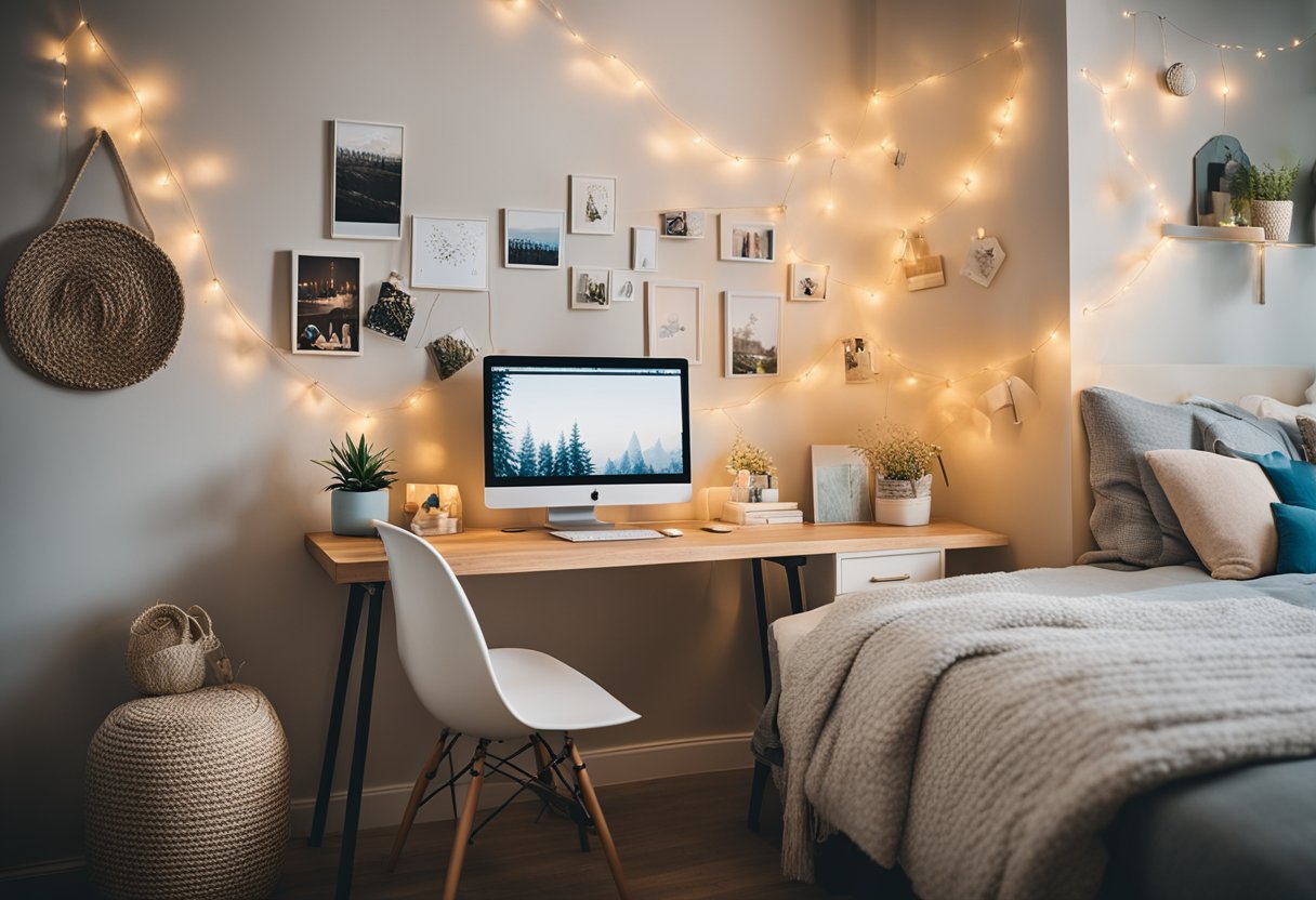 A cozy, clutter-free bedroom with a stylish desk, comfy seating, and personalized decor. Bright colors, string lights, and wall art create a welcoming space for a teen to relax and unwind