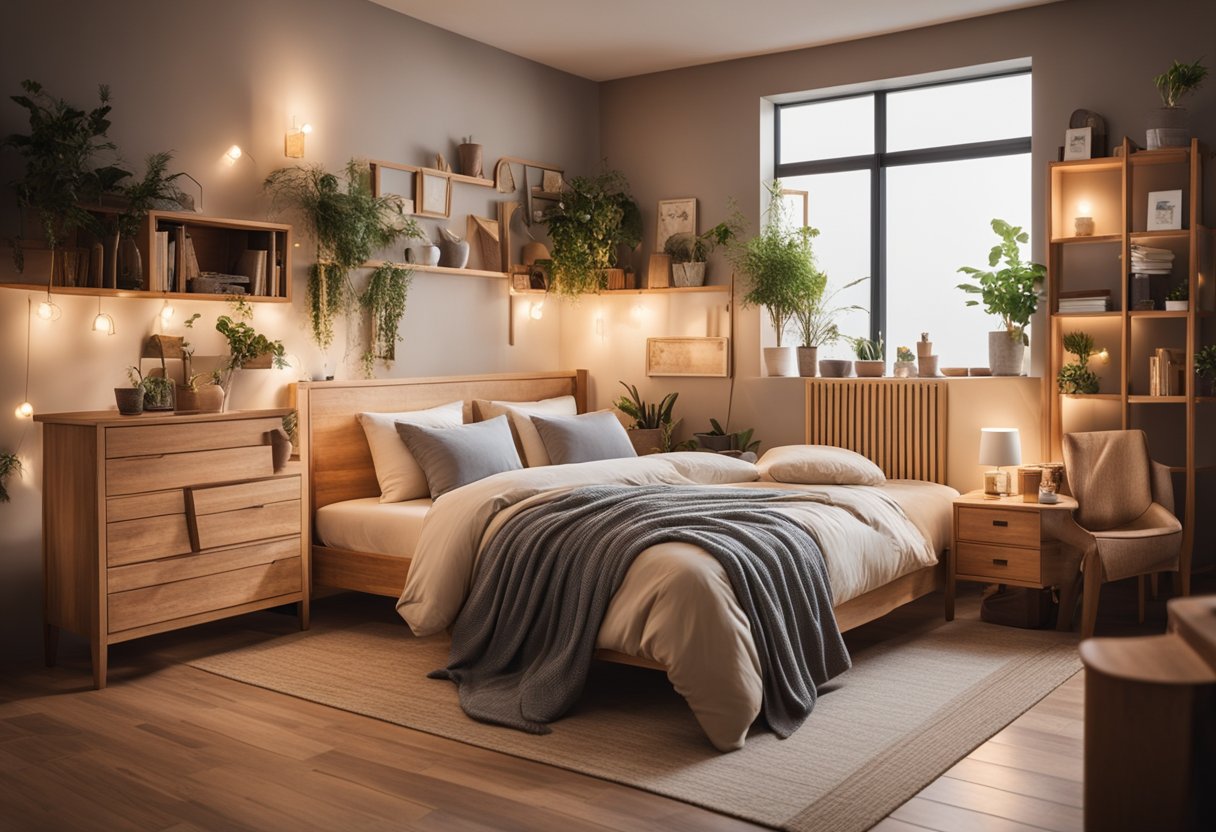 A cozy bedroom with a variety of wooden chair designs displayed in a neat and organized manner, with soft lighting and a warm color palette