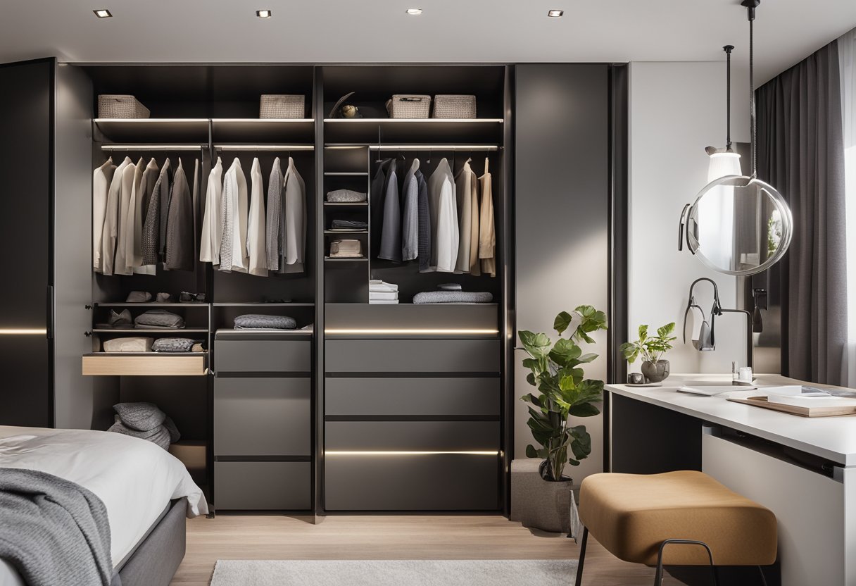 A small bedroom with a sleek, space-saving wardrobe featuring innovative storage solutions and personalized features, complete with a mirror