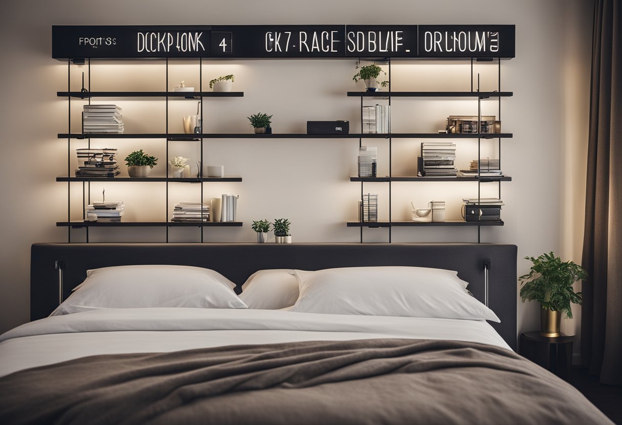 A wall rack with labeled shelves for bedroom FAQ display