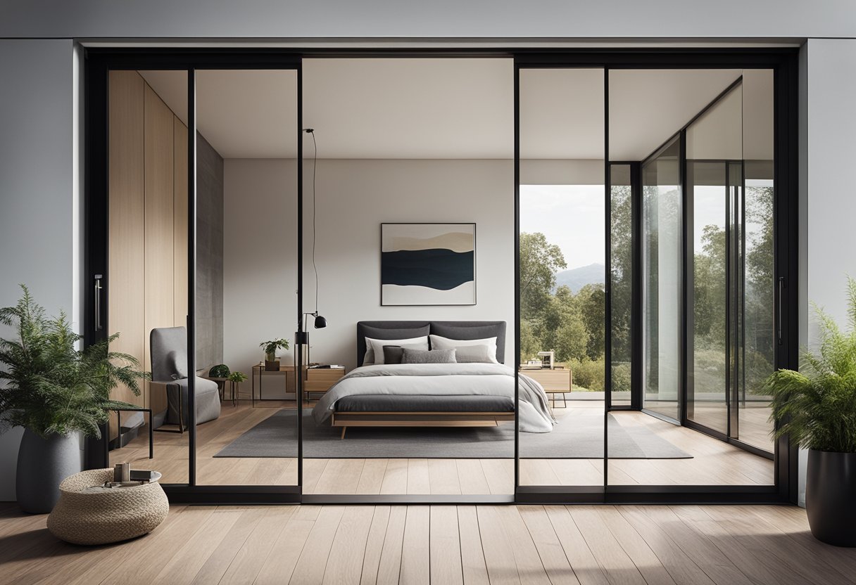 A sleek, modern sliding glass door separates the bedroom from the outdoors, with a minimalist frame and large, clear panels for maximum natural light