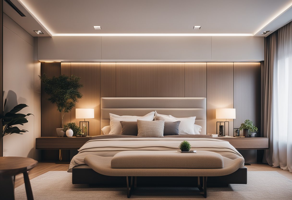 A cozy modern bedroom with soft, neutral tones, a plush bed with crisp linens, sleek furniture, and warm lighting creating a welcoming ambiance
