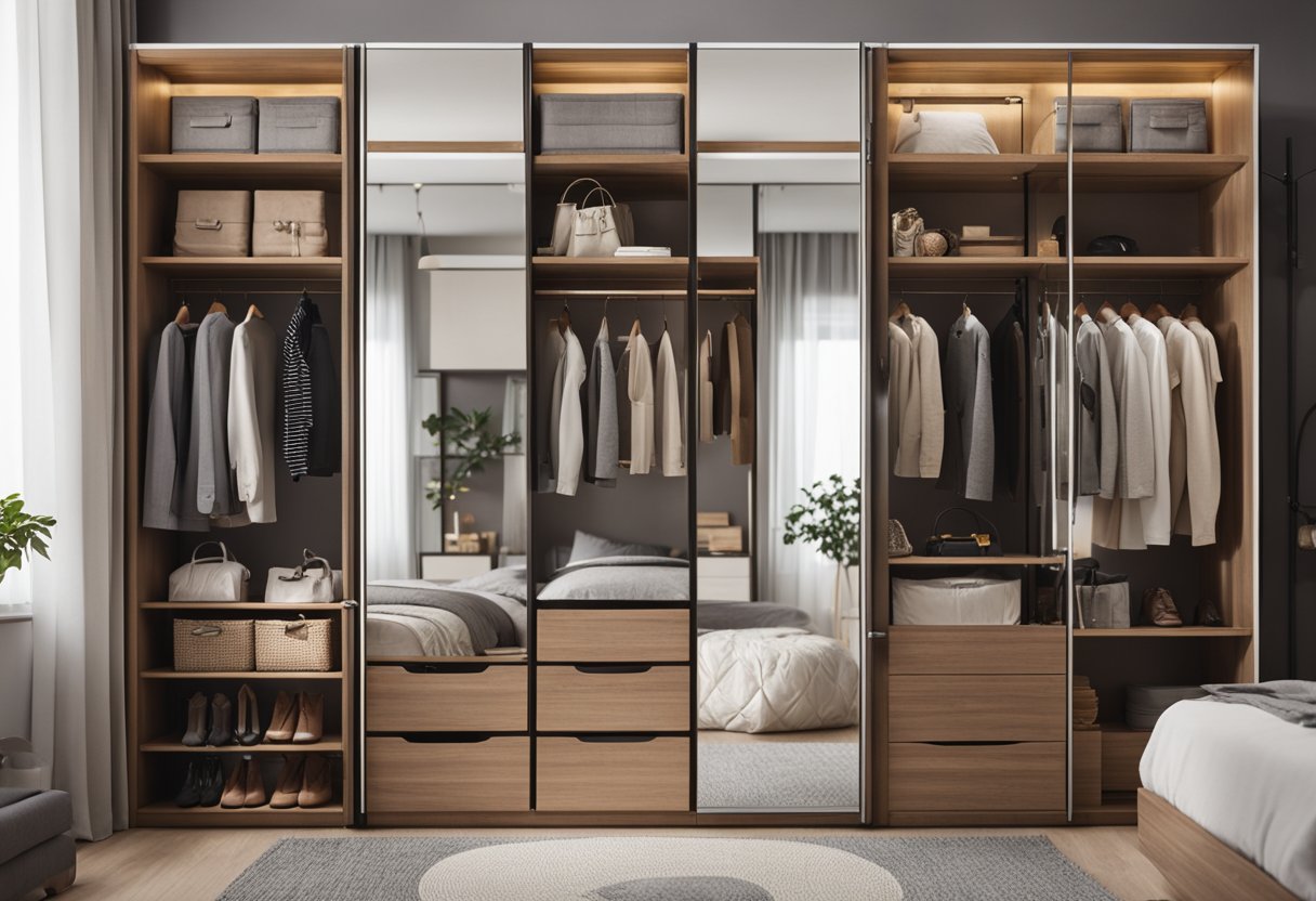 A small bedroom with a mirrored wardrobe, neatly organized with various compartments, shelves, and drawers. The mirror reflects the cozy room