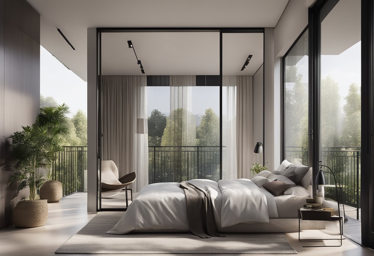 A modern bedroom with a sleek sliding glass door leading to a private balcony, allowing natural light to illuminate the room