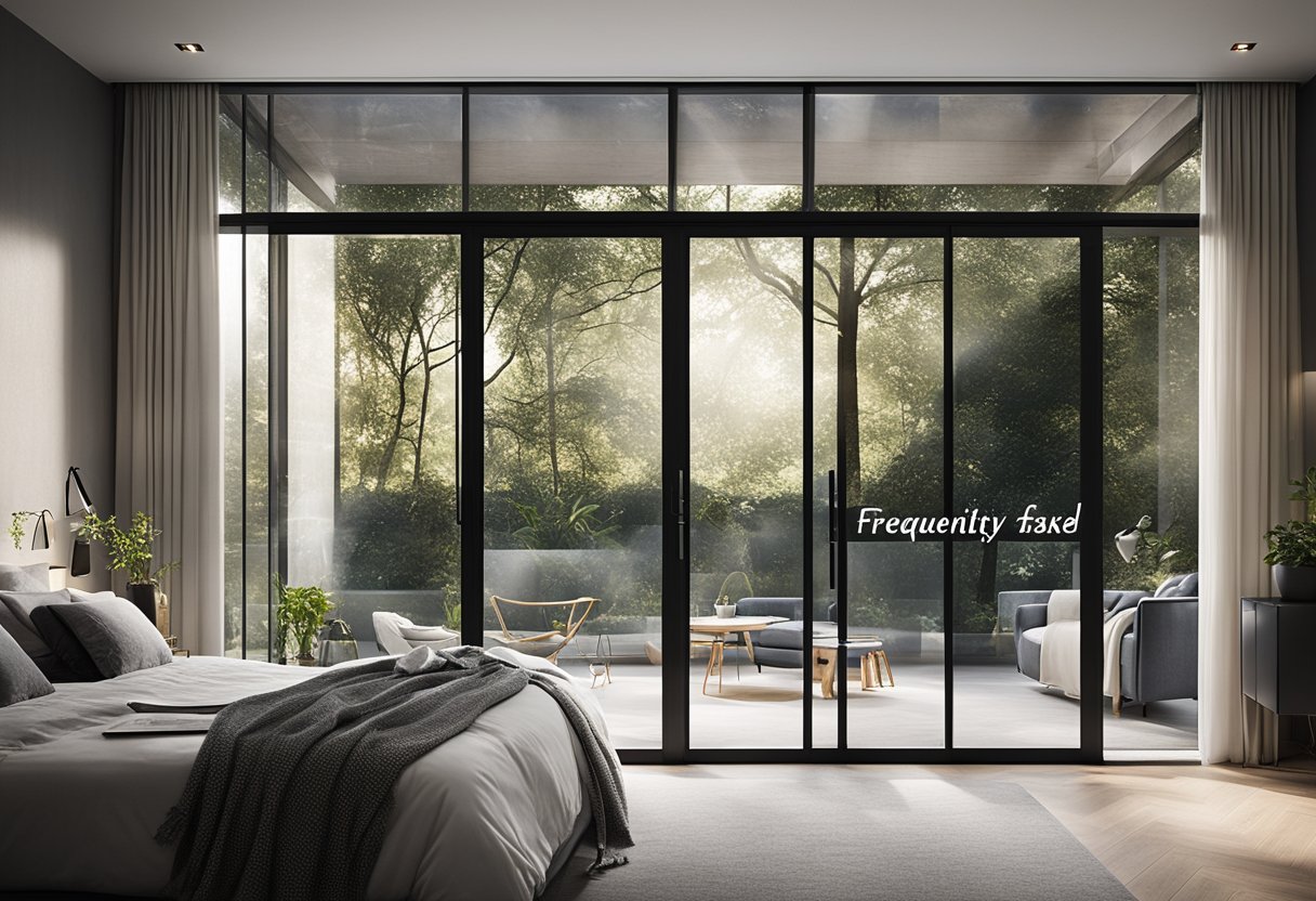A modern bedroom with a sleek sliding glass door labeled "Frequently Asked Questions" in a minimalist design