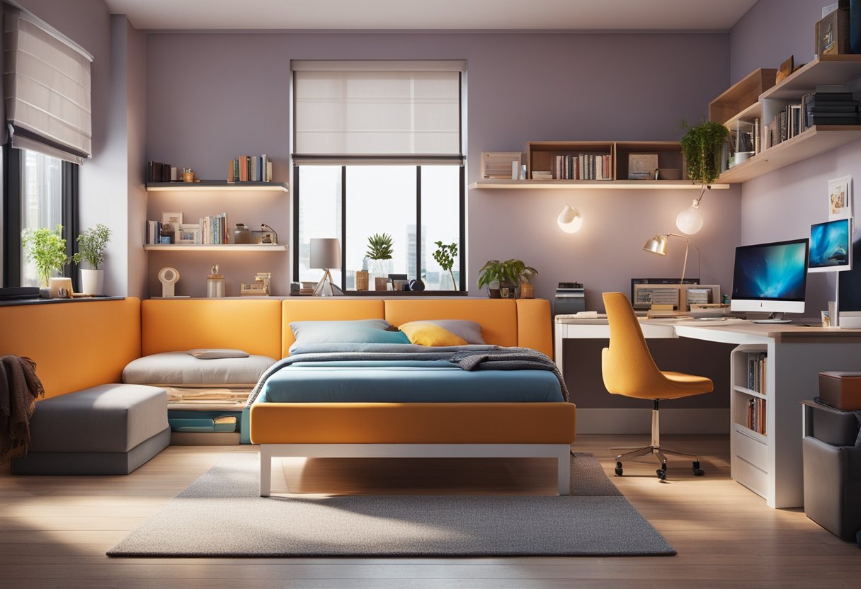 A modern teenage bedroom with vibrant colors, cozy seating, and sleek storage solutions. A desk for studying and a comfortable bed for relaxation