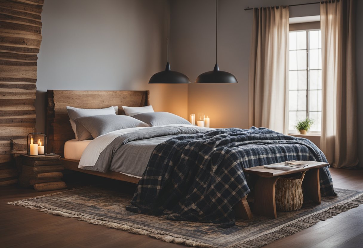 A cozy bed with a wooden headboard, plaid blankets, and a vintage rug. A small fireplace, exposed wooden beams, and a large window with flowing curtains