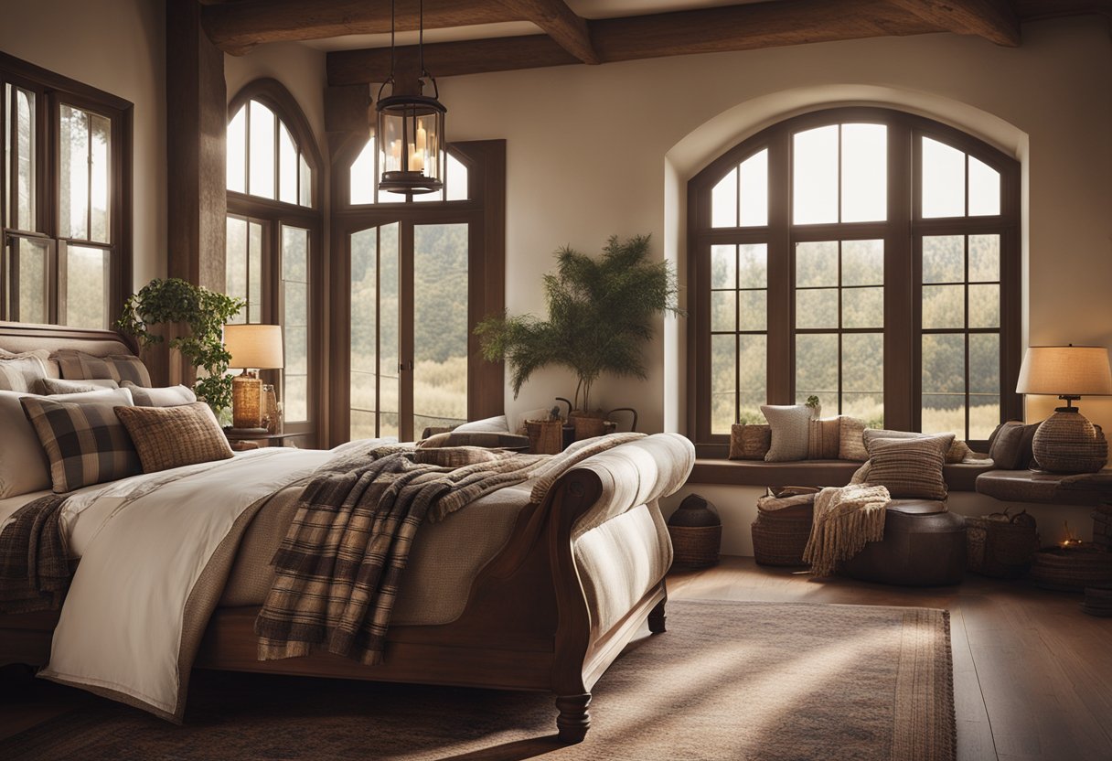 A cozy, rustic bedroom with a wooden sleigh bed, plaid bedding, and a stone fireplace. A large window lets in natural light, and the room is adorned with vintage lanterns and woven rugs