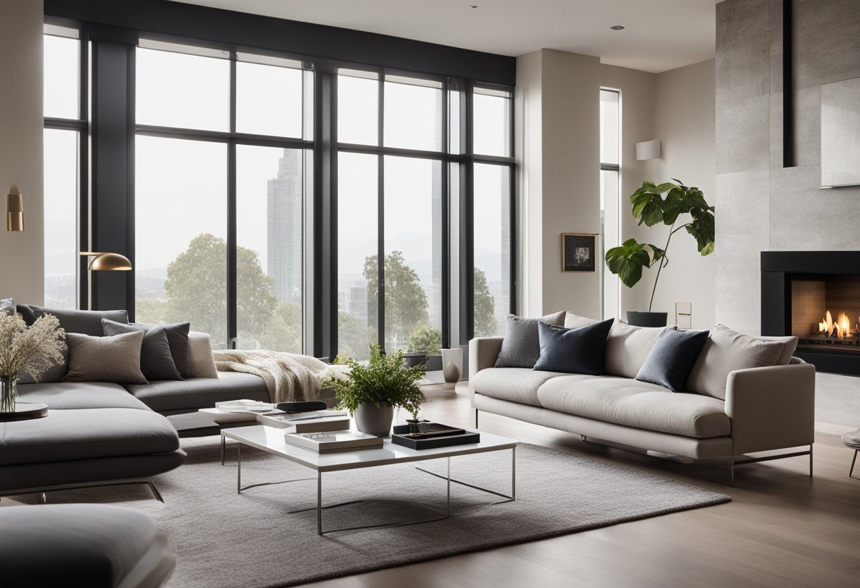 A spacious living room with modern furniture, neutral color palette, and natural light pouring in from large windows. A sleek fireplace and elegant decor complete the contemporary design