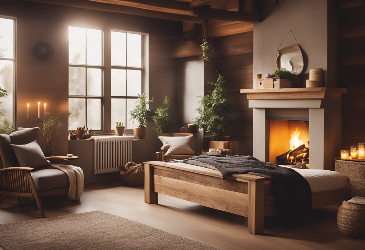 A cozy, rustic bedroom with warm lighting, wooden furniture, and soft, earthy tones. A crackling fireplace adds to the cozy atmosphere