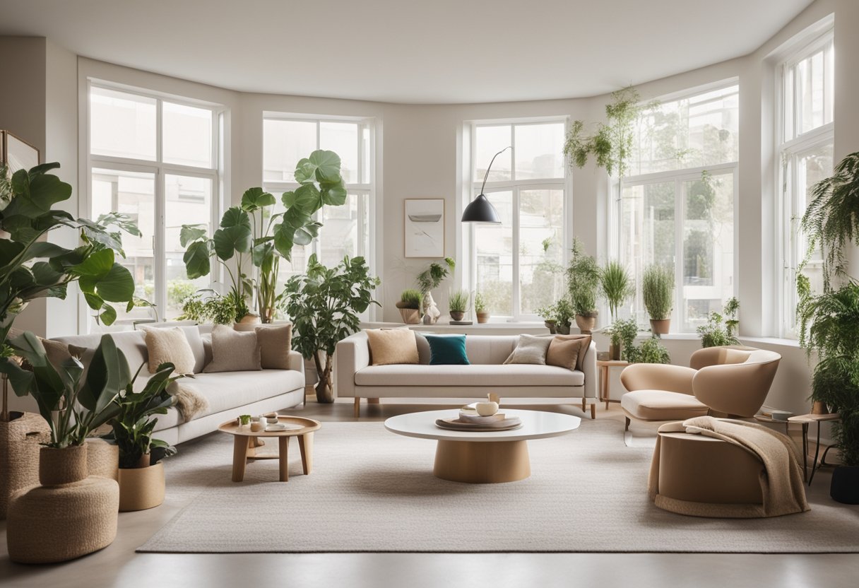 A bright, spacious room with modern furniture and large windows. A color palette of soft neutrals and pops of vibrant hues. Plants and artwork add a touch of nature and personality to the space