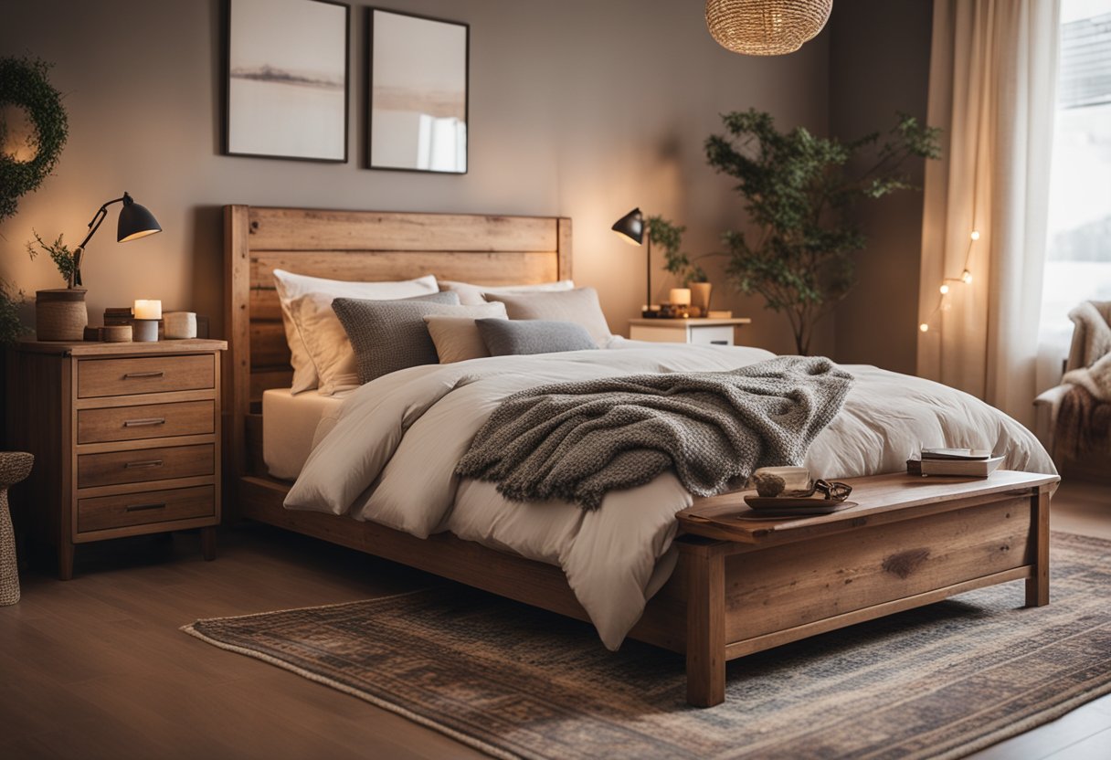 A cozy rustic bedroom with wooden furniture, soft earthy tones, and warm lighting. A comfy bed with plaid bedding and a vintage rug complete the inviting atmosphere