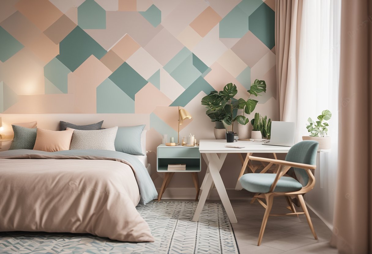 A bedroom with geometric wall patterns in soft pastel colors. A cozy bed with matching throw pillows and a small desk with potted plants