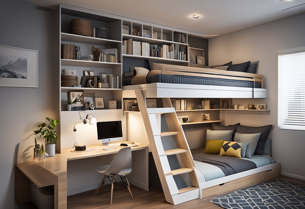 A small bedroom with a loft bed, built-in shelves, and under-bed storage. A fold-down desk and wall-mounted hooks for organization