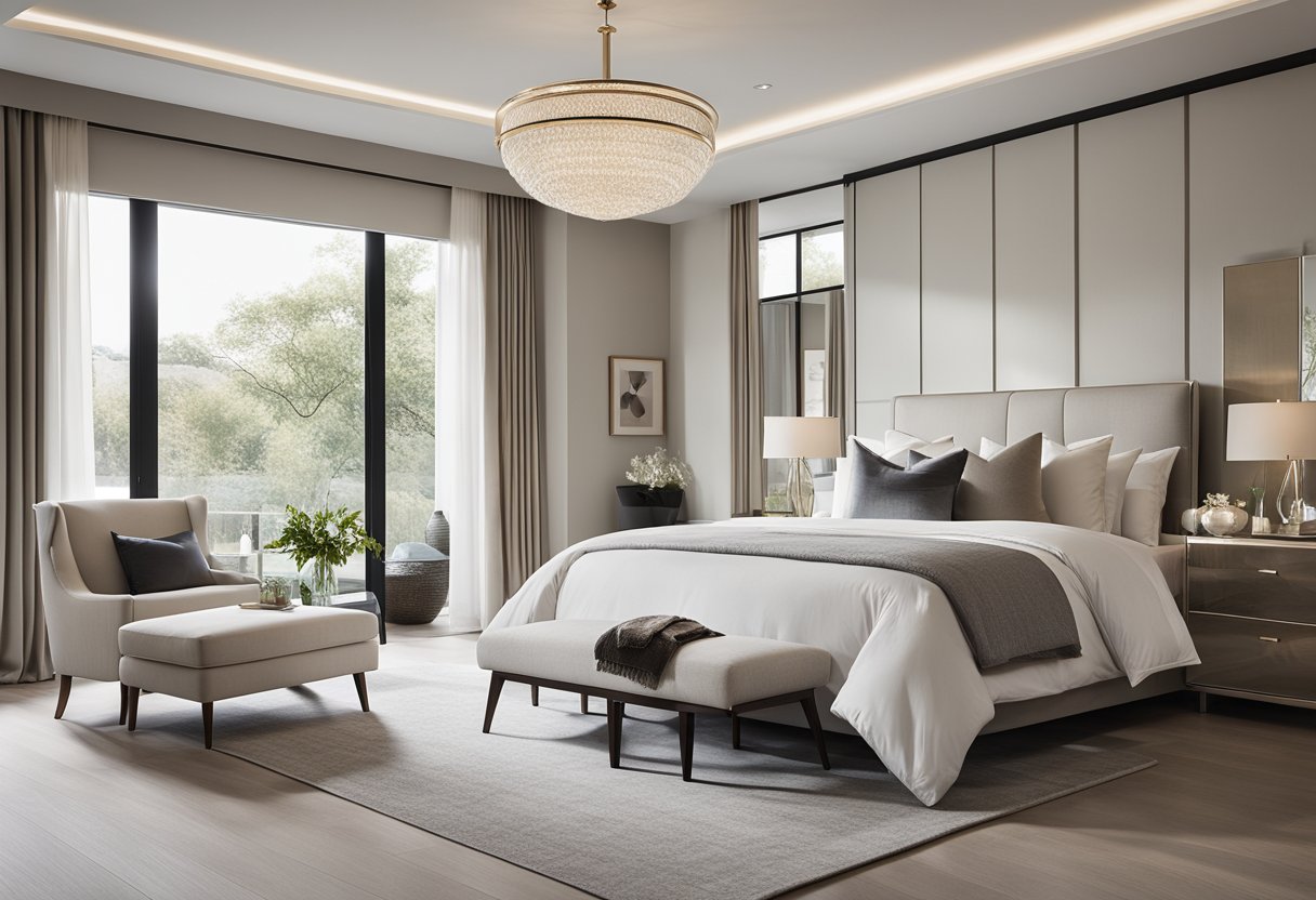 A spacious, modern master bedroom with a sleek, minimalist design. Neutral tones, clean lines, and luxurious textures create a serene and stylish atmosphere