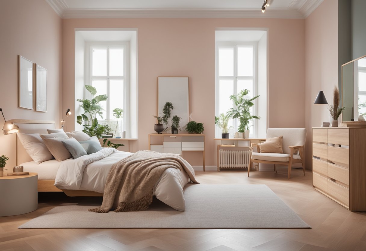 A cozy bedroom with soft pastel walls, accented by a bold, contrasting feature wall. Light wood furniture and minimal decor create a serene atmosphere