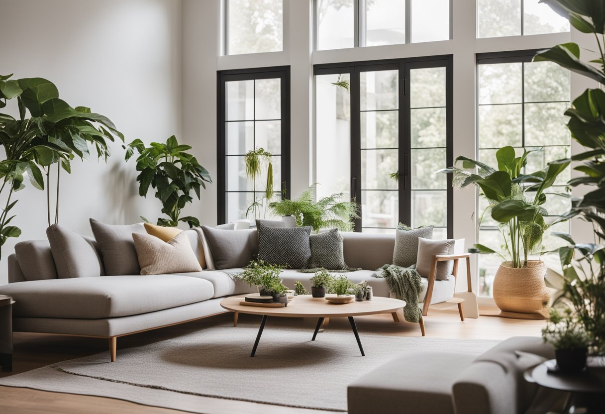 A cozy living room with a modern sofa, plants, and a stylish coffee table. Bright natural light fills the space, highlighting the clean lines and minimalist decor