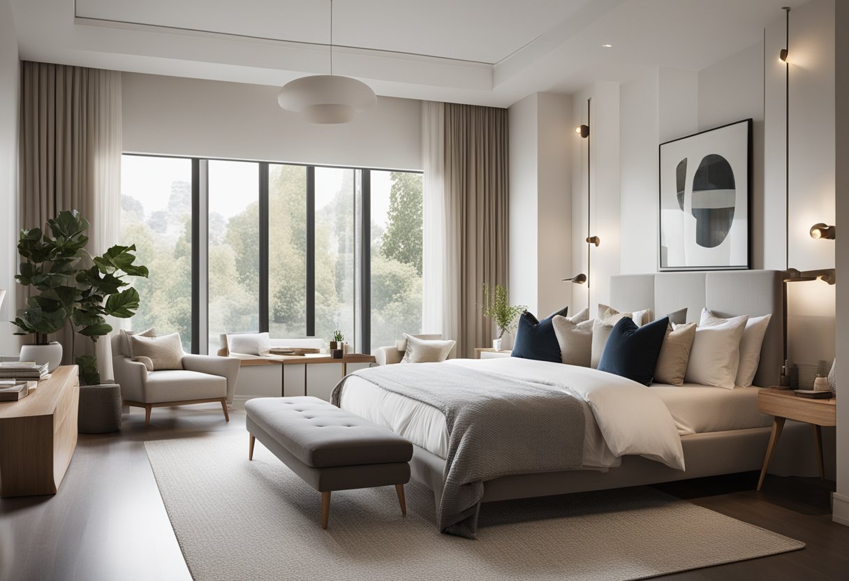 A spacious, modern master bedroom with sleek furniture and a neutral color palette. Large windows let in natural light, and a cozy seating area offers a place to relax