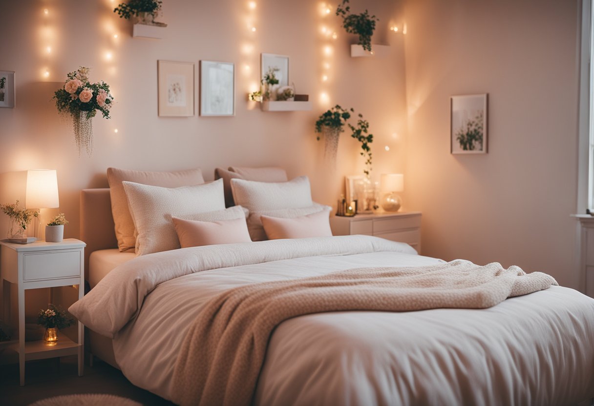 A cozy bedroom with warm lighting, soft pastel colors, and floral accents for a charming ambiance
