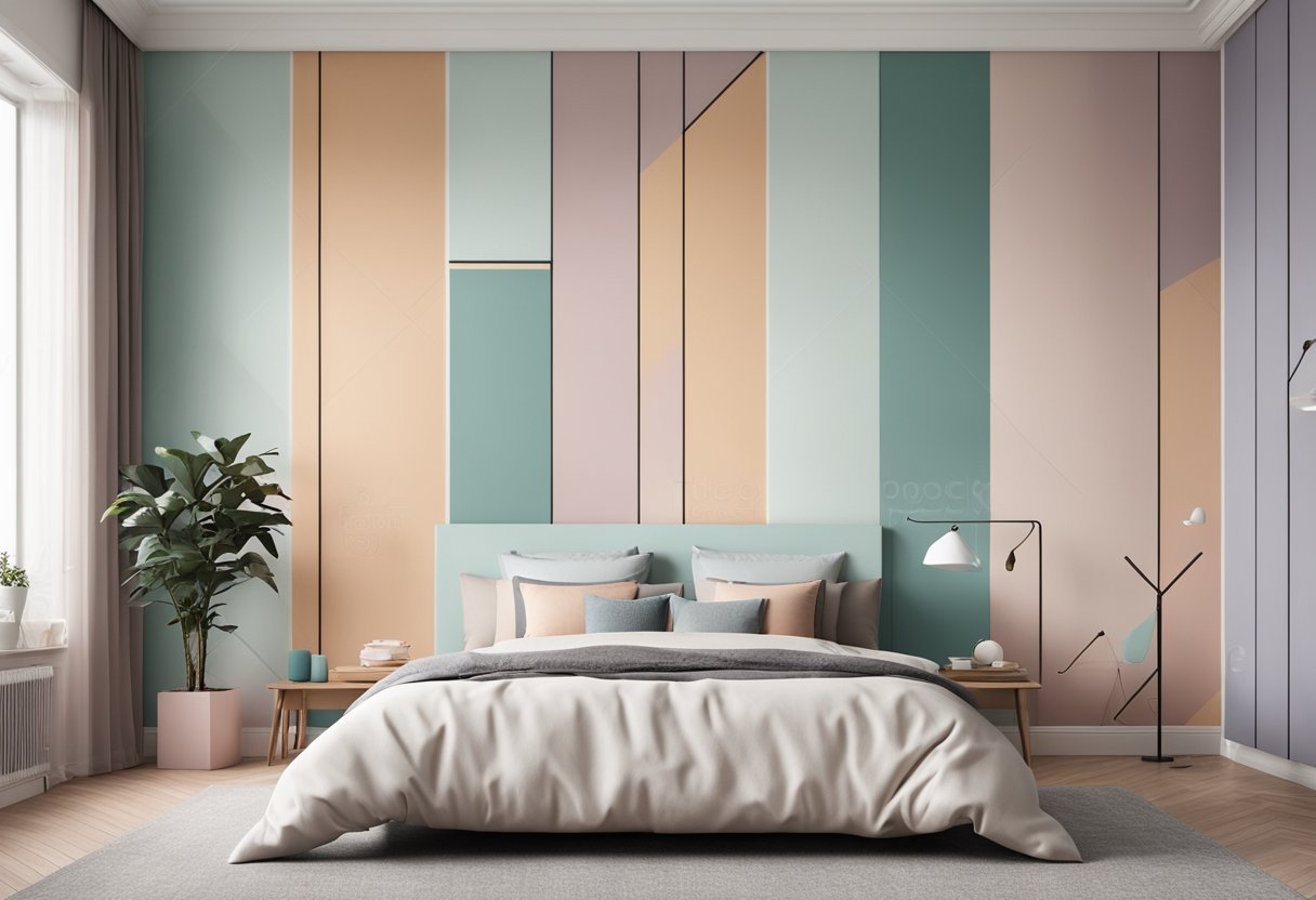 A bedroom with geometric wall patterns in soft pastel colors, accented with a bold, contrasting feature wall. Simple, clean lines and minimalistic furniture