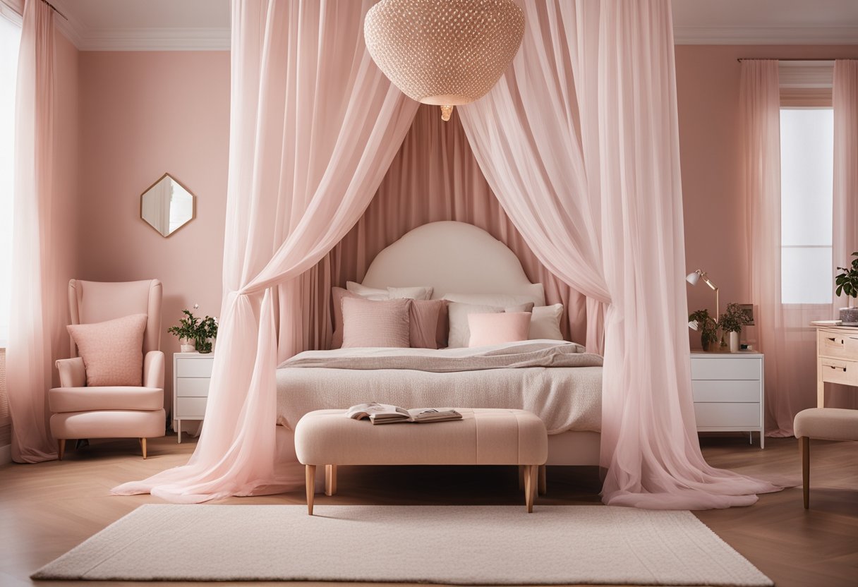 A cozy bedroom with pastel pink walls, a white canopy bed with flowy curtains, a fluffy area rug, and a small desk with a matching chair