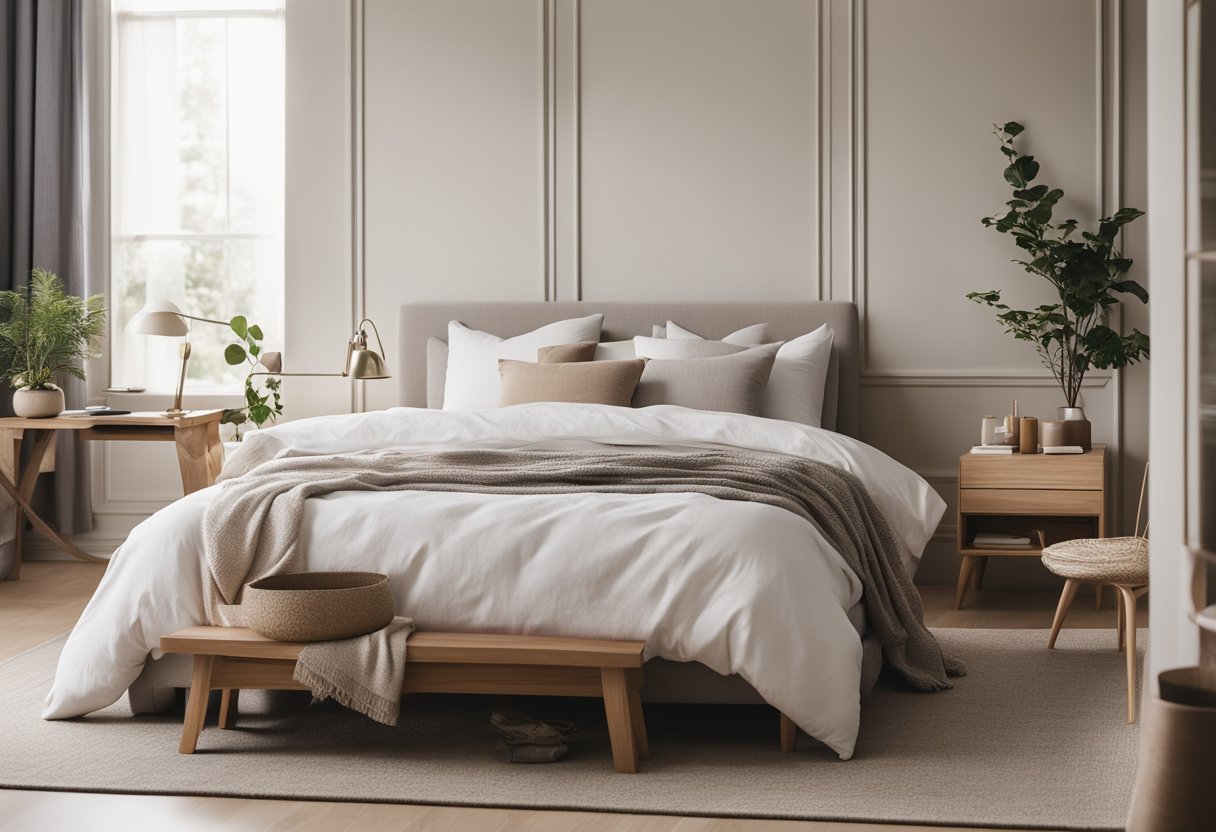 A cozy bedroom with minimalist decor, featuring a single bed, small nightstand, and a simple desk with a chair. Soft, neutral colors and natural light create a serene atmosphere