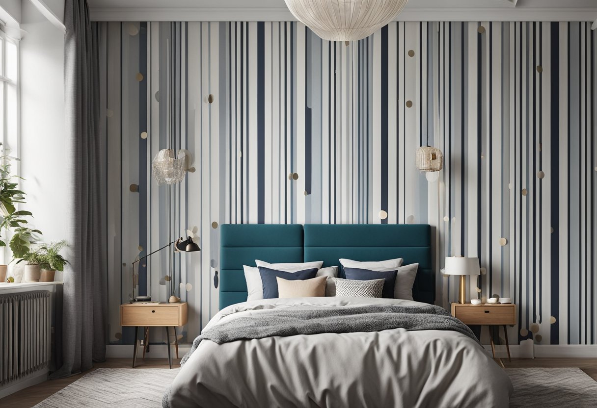 A bedroom with various paint designs on the walls, including stripes, polka dots, and geometric shapes. The designs are simple and easy to recreate