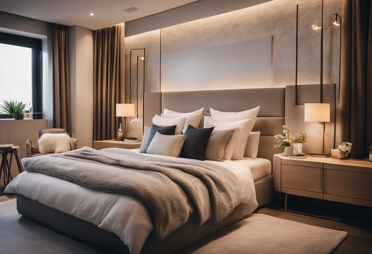 A cozy bedroom with a large, plush bed, soft, fluffy pillows, and warm, ambient lighting. A sleek, modern design with neutral colors and natural materials