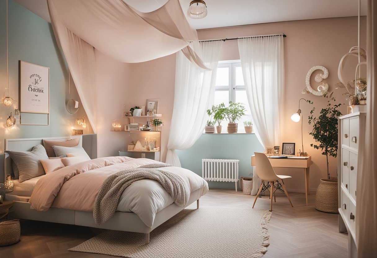 A cozy bedroom with pastel colors, a canopy bed, and personalized decor like a name sign and photo wall