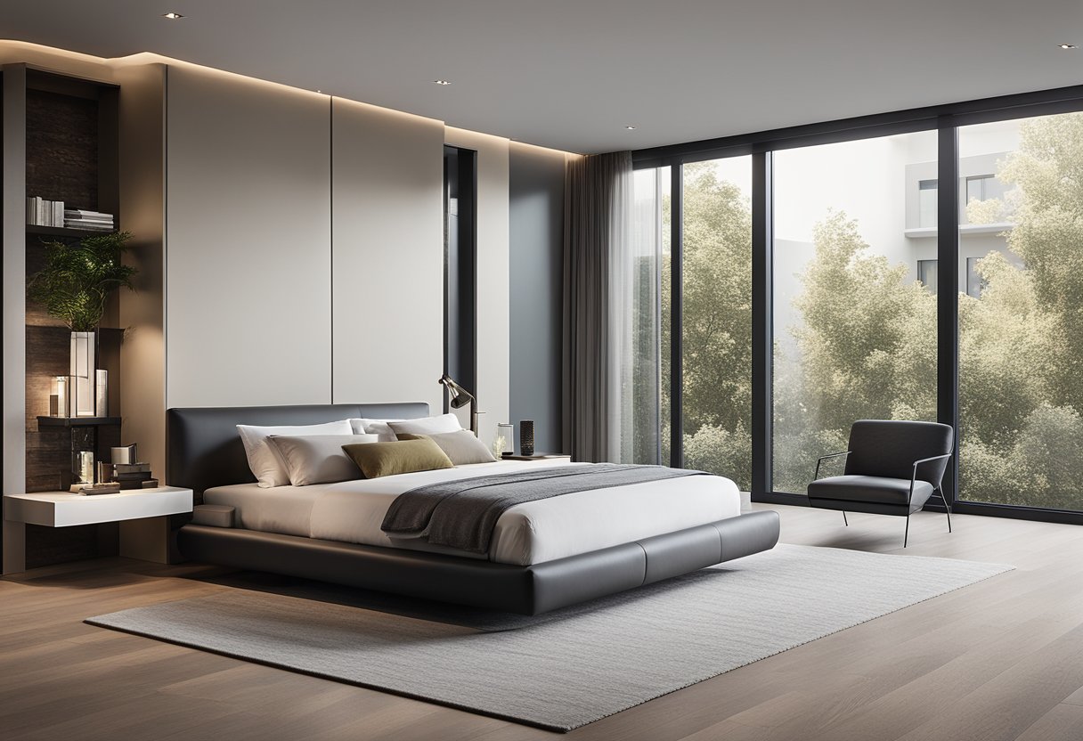 A sleek, minimalist bedroom with a floating platform bed, floor-to-ceiling windows, and a modern fireplace. The color scheme is neutral with pops of bold accent colors