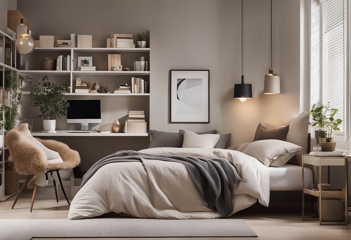 A cozy bedroom with a neutral color palette, a comfortable bed with plush pillows, a sleek desk with a modern chair, and a stylish bookshelf with neatly arranged books and decorative items