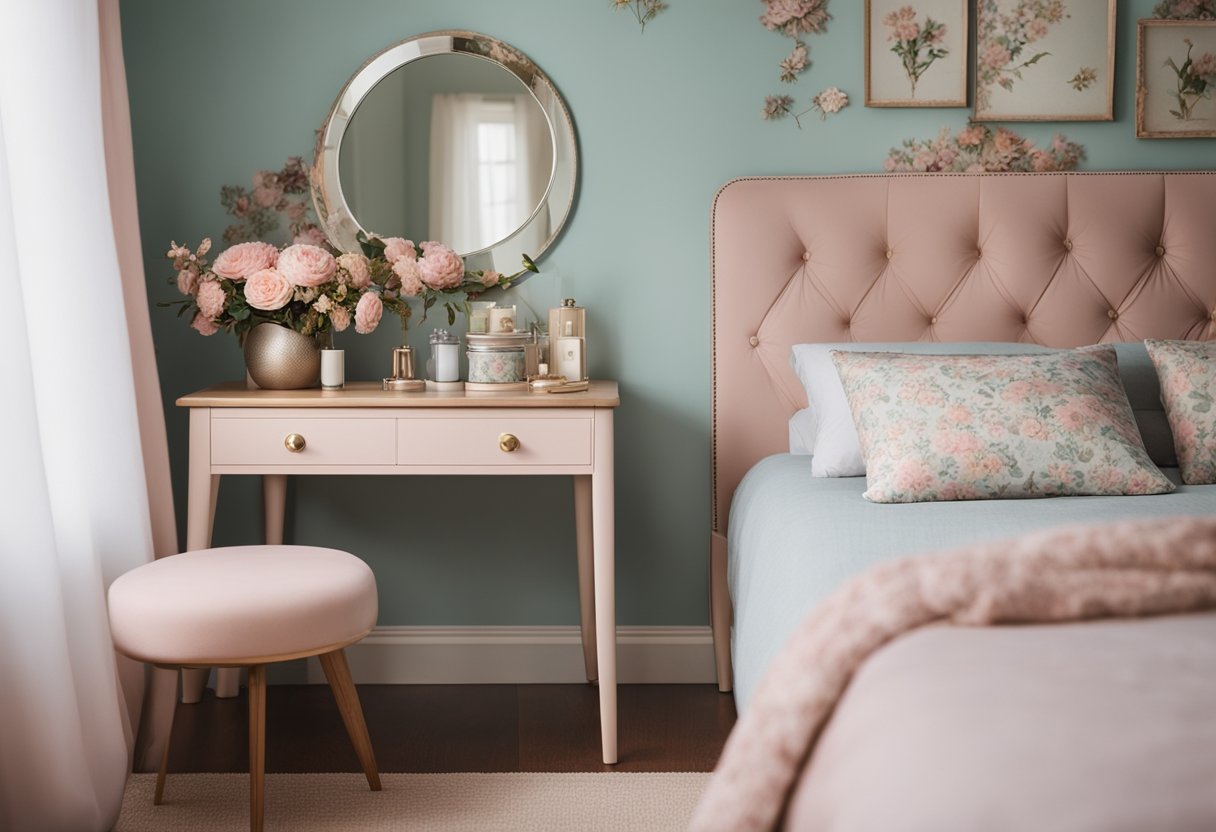 A cozy bedroom with pastel-colored walls, a floral-patterned bedspread, and a small vanity adorned with dainty trinkets and a mirror