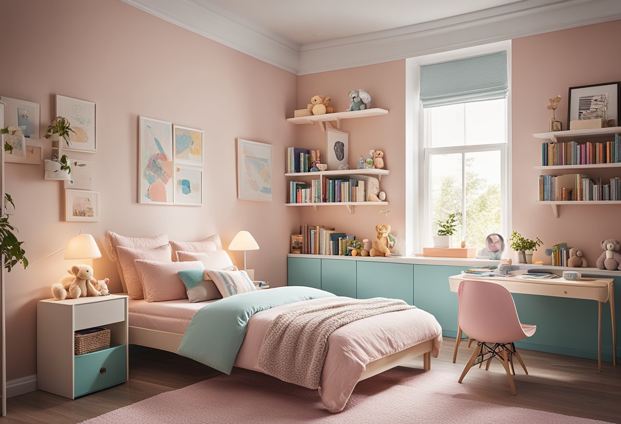 A cozy, pastel-colored bedroom with a single bed, a small desk, and a bookshelf filled with books and stuffed animals. A large window lets in natural light, and a colorful rug adds a touch of warmth to the room