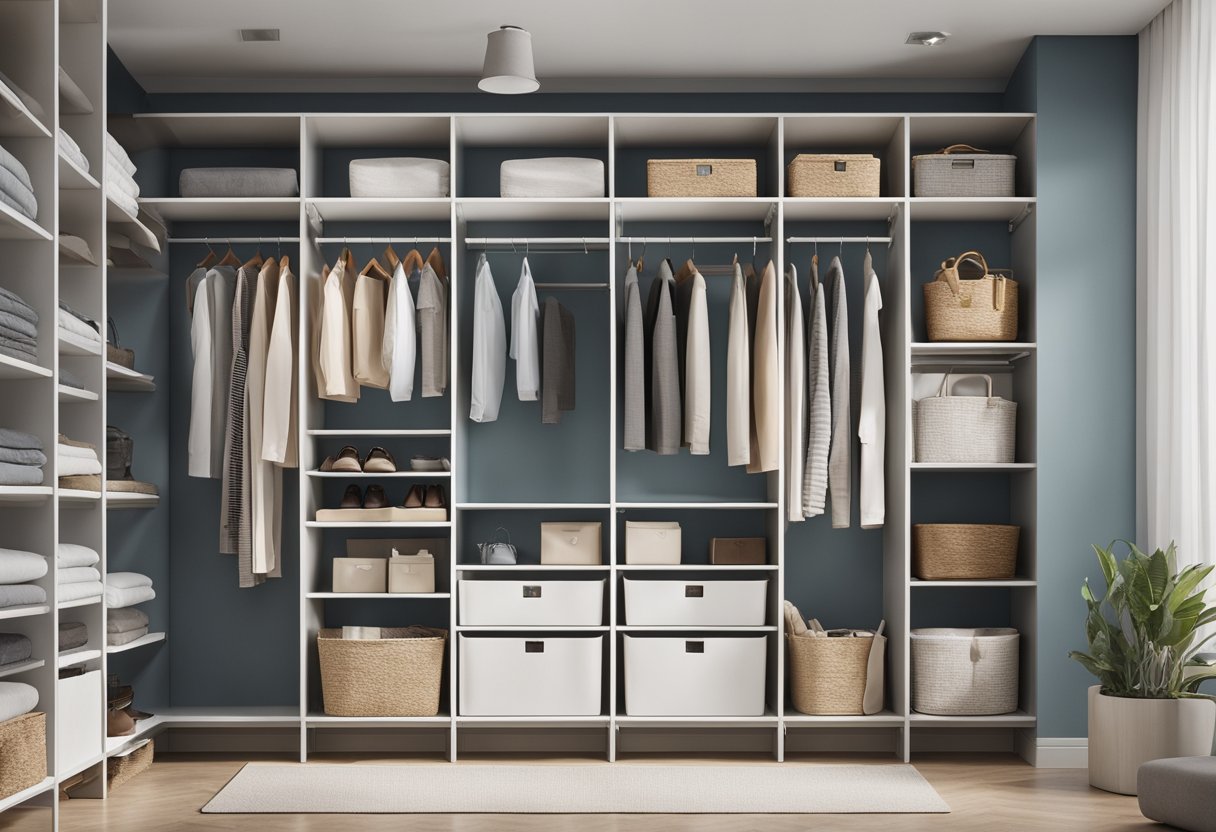 A neatly organized closet with shelves, hanging rods, and storage bins. The color scheme is light and airy, with a touch of modern elegance