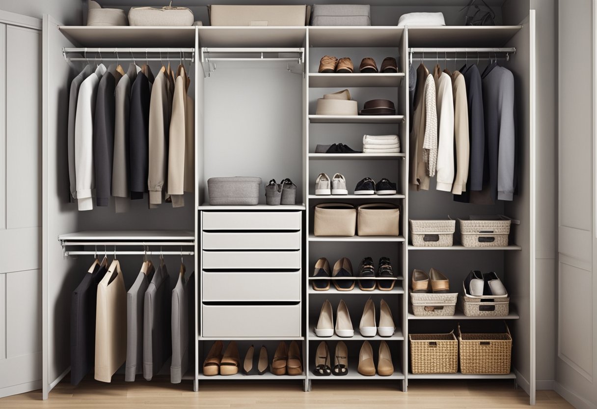 A small closet with shelves and hanging rods, utilizing space efficiently. Shoes neatly organized on the floor, with storage bins and baskets on the shelves