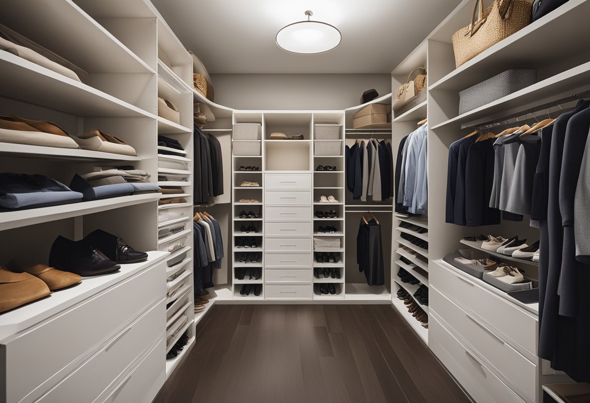 A sleek, organized closet with built-in shelves and drawers. Clothes neatly hung on hangers, shoes lined up on the floor, and storage bins neatly stacked