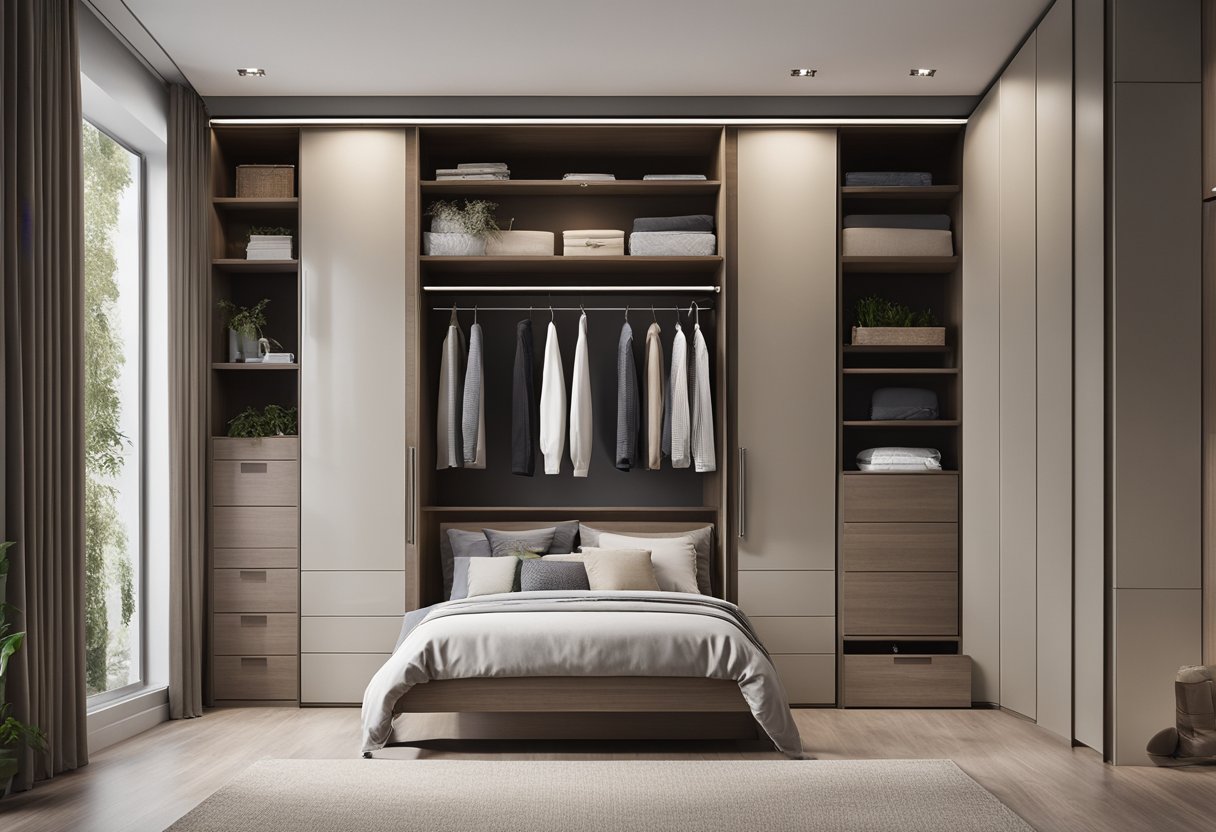 A small bedroom with a built-in wardrobe, featuring sleek sliding doors, integrated storage compartments, and a space-saving design