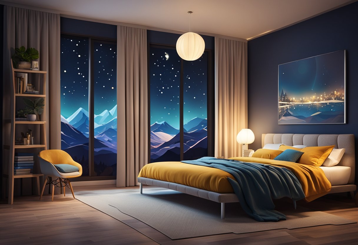 A cozy cartoon bedroom with a large bed, colorful bedding, a fluffy rug, and a nightstand with a lamp and a book. A window with curtains and a starry night sky outside
