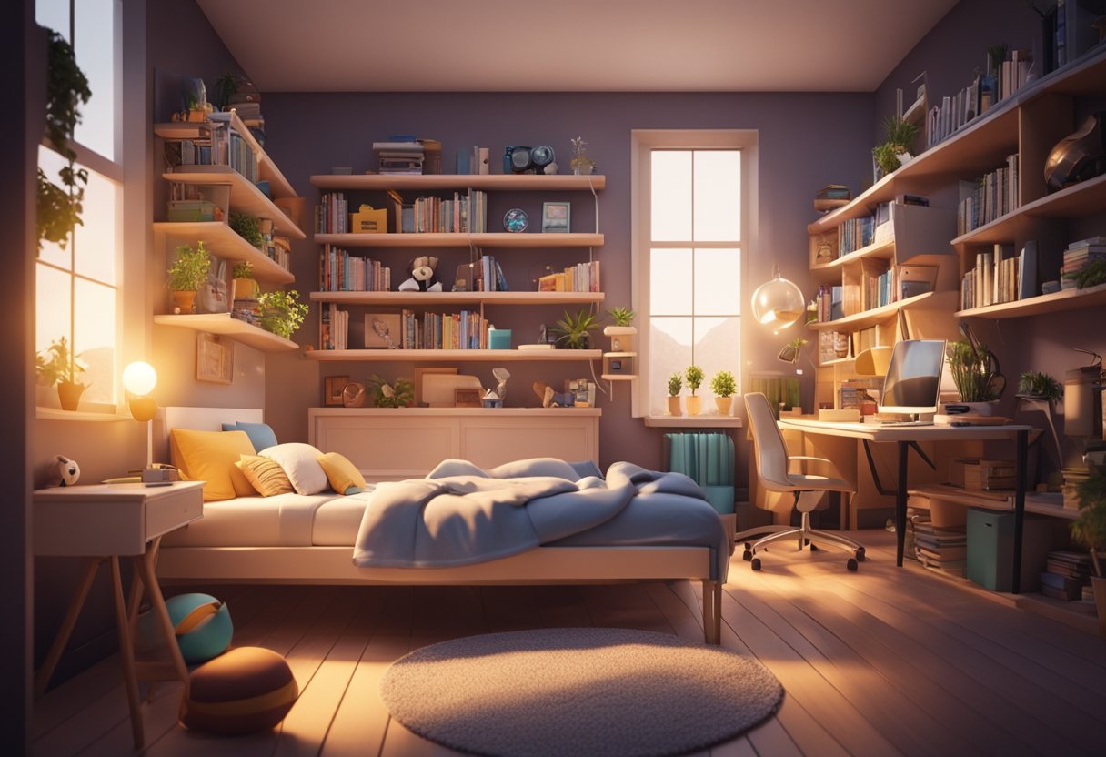 A cozy cartoon bedroom with a large bed, colorful pillows, a desk with a computer, and a bookshelf filled with books and toys