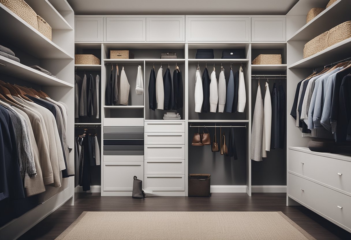 A neat and organized bedroom closet with shelves, drawers, and hanging rods. Minimalist design with a pop of color