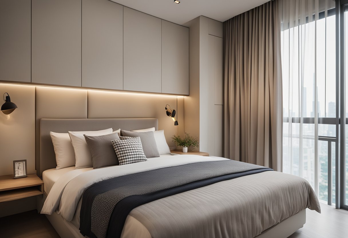 A cozy HDB bedroom with a neutral color palette, a queen-sized bed with a simple headboard, a small bedside table, a built-in wardrobe, and a large window with sheer curtains