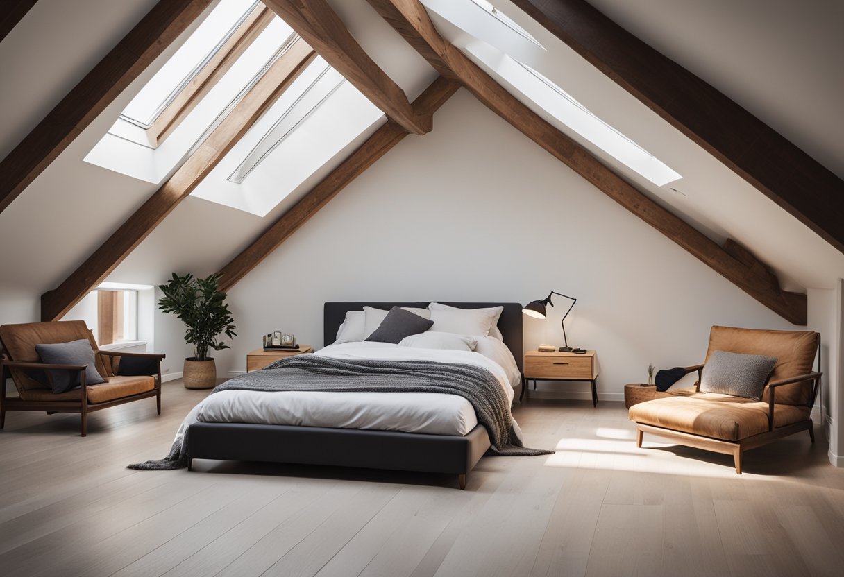 A cozy loft bedroom with a sloped ceiling, exposed wooden beams, a large skylight, a comfortable bed with plush bedding, a small seating area, and minimalistic decor