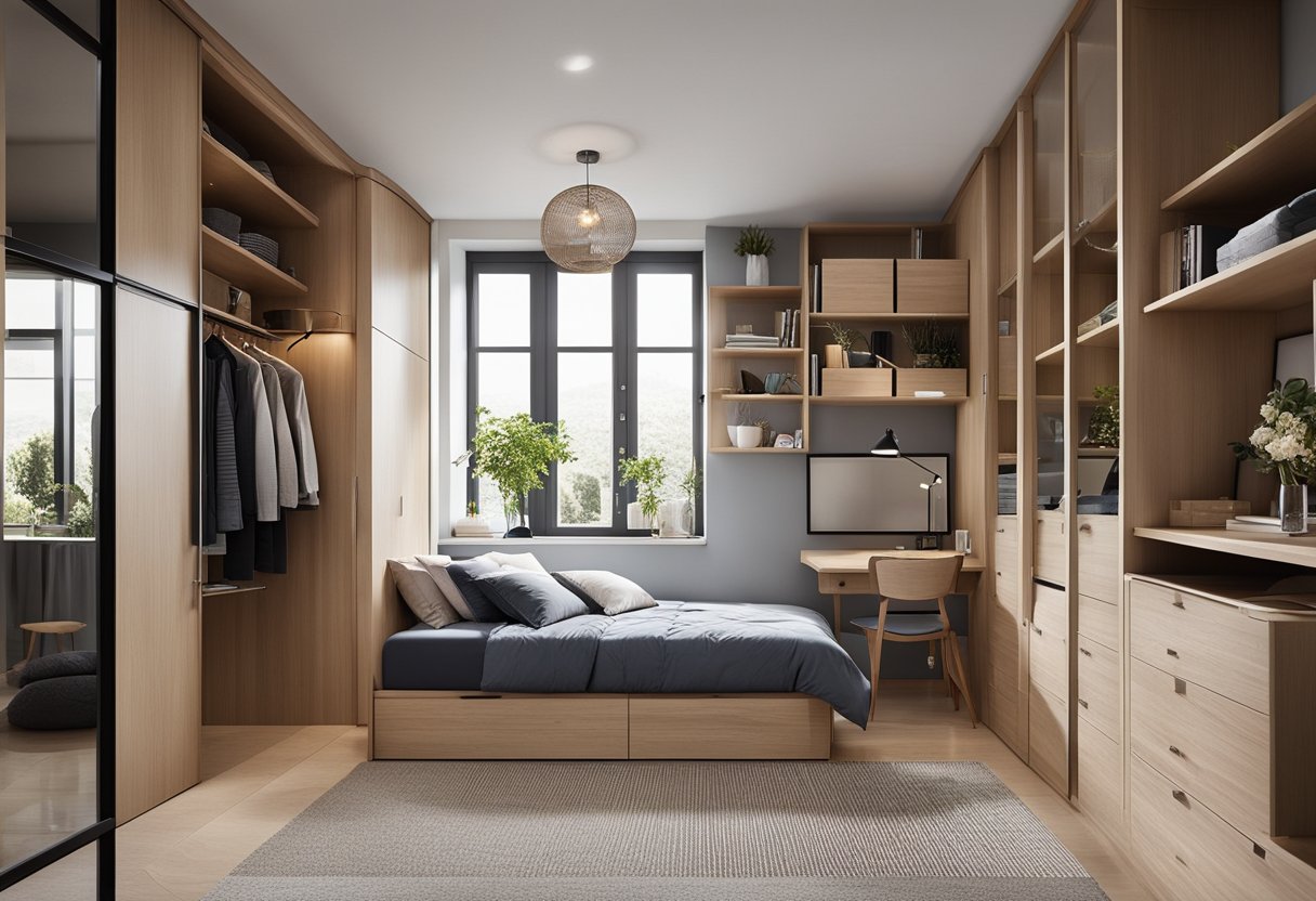 A small bedroom with a built-in wardrobe, utilizing vertical space with shelves, drawers, and hanging rods. A bed with under-storage and a compact desk maximize the room's functionality