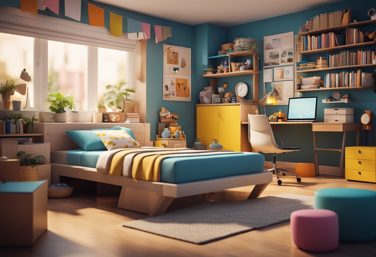 A cozy bedroom with a cartoon theme, featuring a large bed, colorful walls, a desk with a computer, and shelves filled with books and toys
