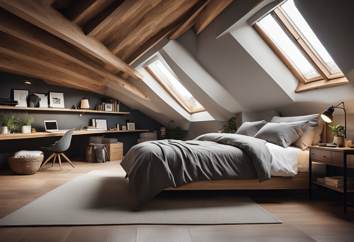 A cozy loft bedroom with a sloped ceiling, exposed beams, and a large skylight flooding the space with natural light. A comfortable bed with neutral linens sits against a brick accent wall, and a small desk and chair create a functional workspace