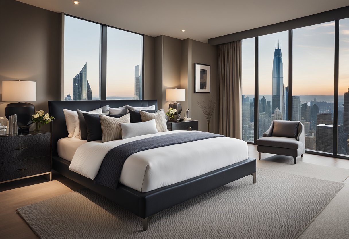 A spacious, elegant master bedroom with a king-size bed, plush bedding, sleek furniture, and a large window overlooking a city skyline
